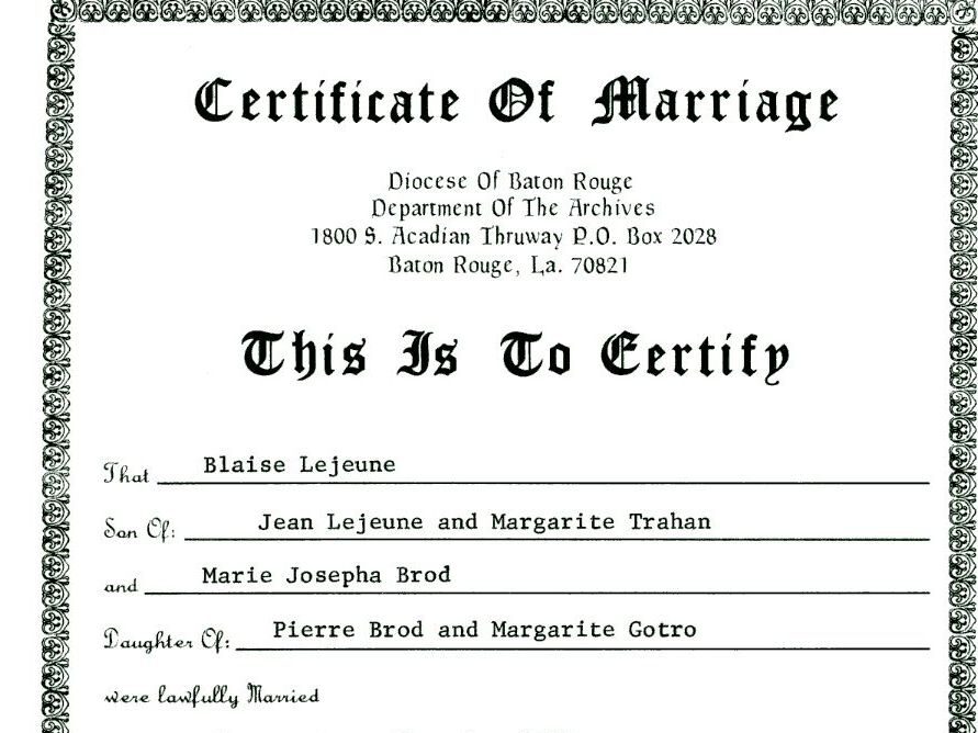 Blaise's Marriage Certificate (reproduced from church records)